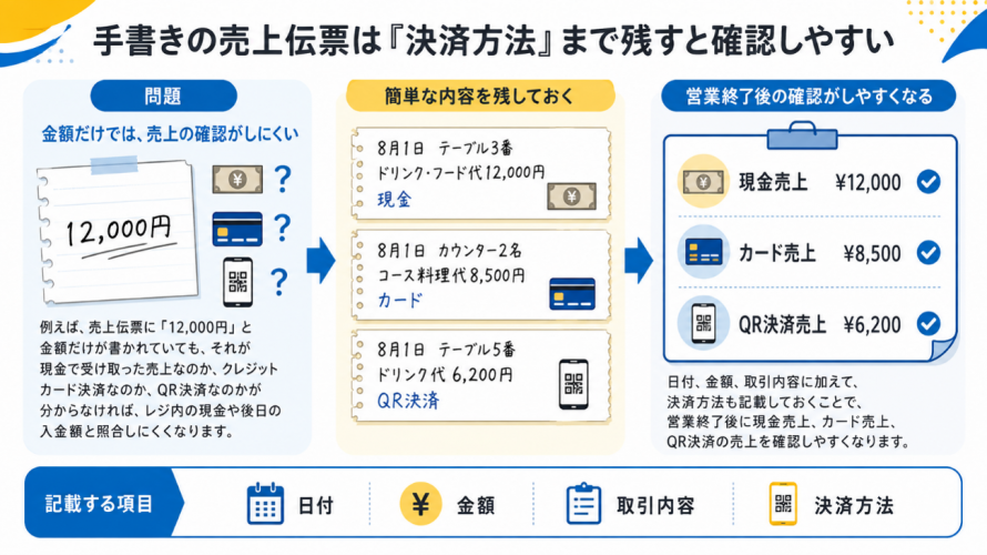 手書きの売上伝票は「決済方法」まで残すと確認しやすい